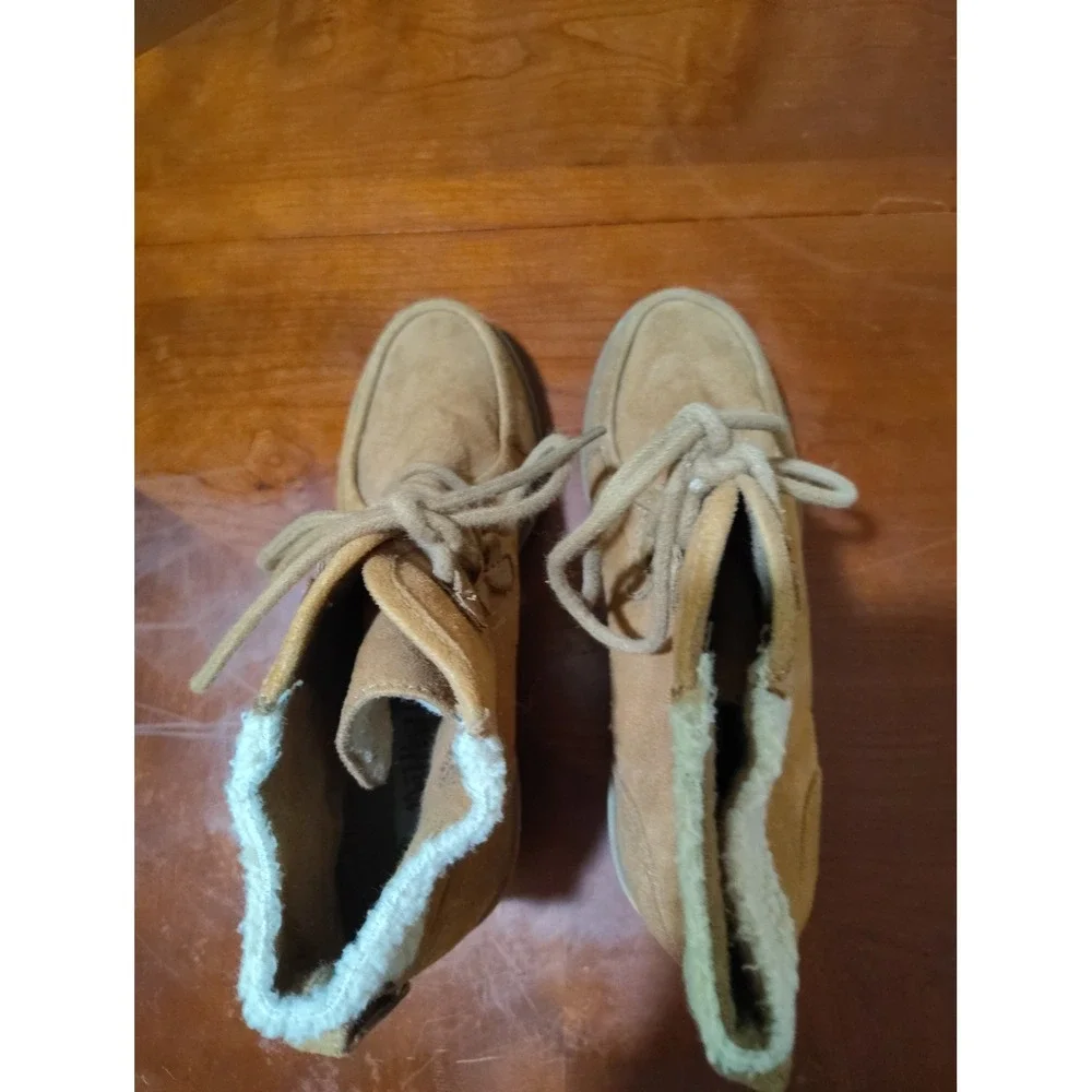 Mad Love Tan Faux Suede Wedge Ankle‎ Boots with Faux Shearling Trim Lace Up Tan